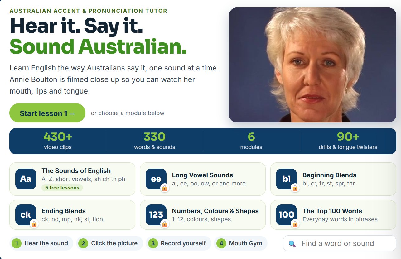 The Australian Accent & Pronunciation Tutor start page: Annie Boulton, six modules with the first five lessons free